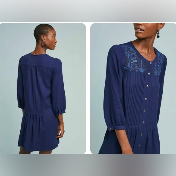 Anthropologie Dubois Blue Embroidered Tunic Shirt Dress - size US 0 - Picture 2 of 11